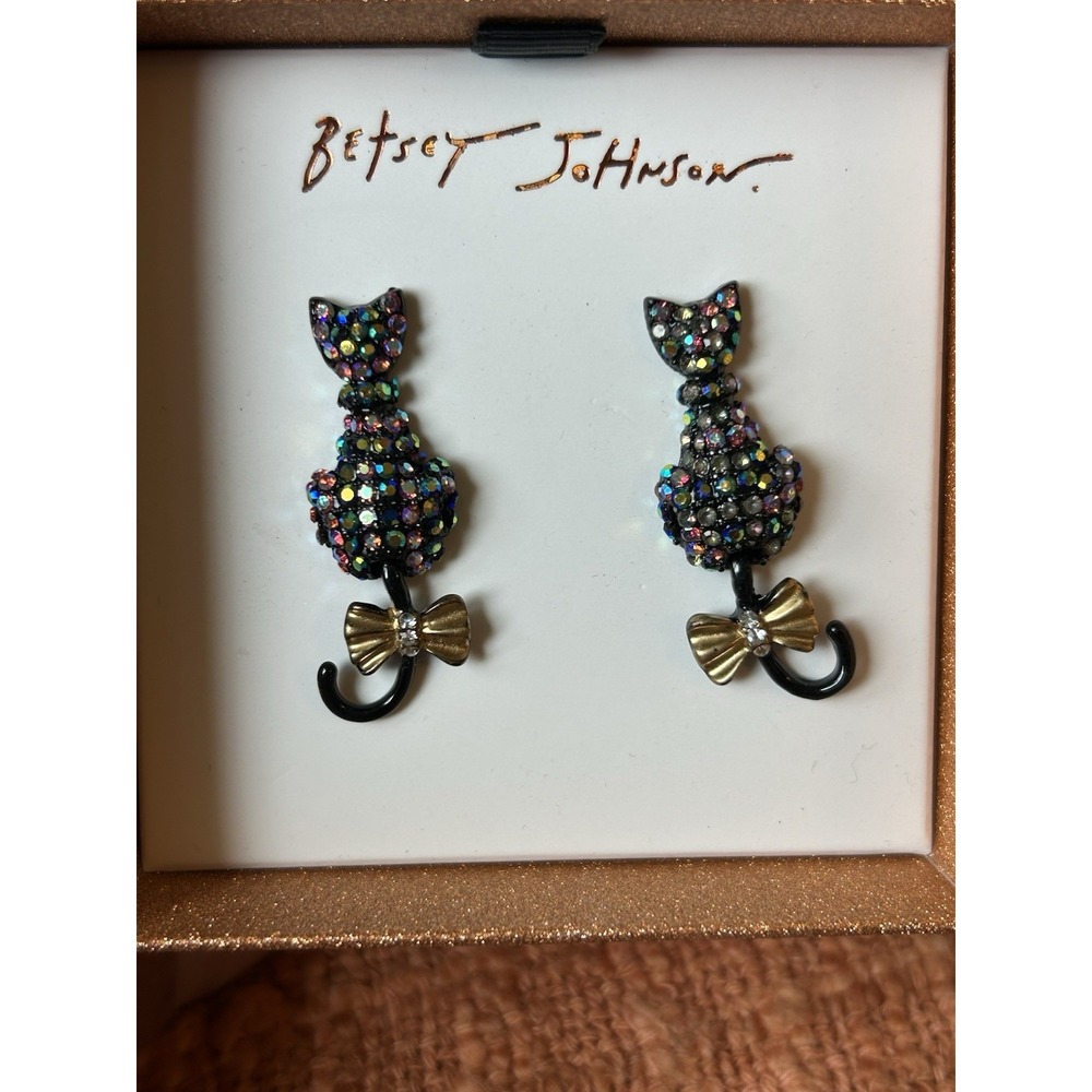 NWT Betsey Johnson Halloween Black Cat Pave Earrings Rhinestone Tails move - Picture 9 of 9